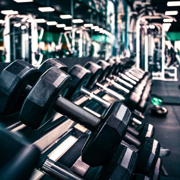 Zwarte dumbbell set op rack close-up in sport fitness center gewicht training apparatuur concept