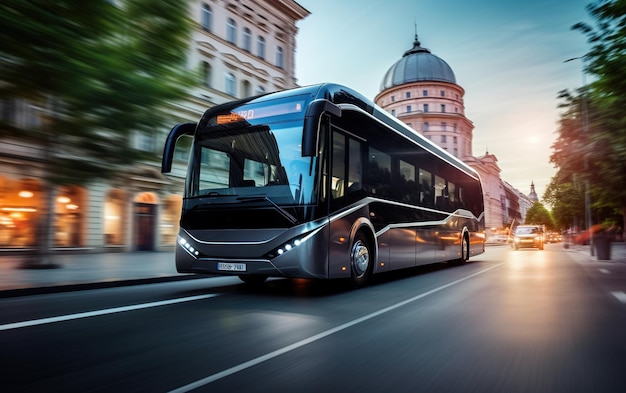 zwarte ebus op een stadsstraat met bewegingsvervagingseffect