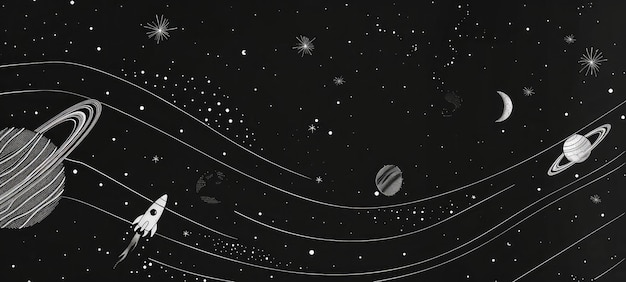Foto zwarte eenvoudige achtergrond met lijnen met lijnelementen van ruimteschepen manen planeten