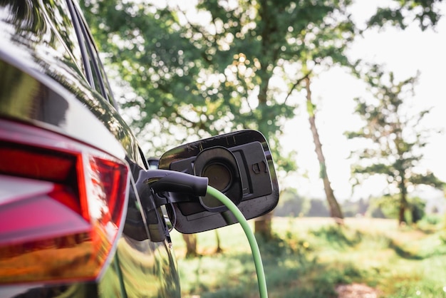 Foto zwarte elektrische auto met de voedingskabel aangesloten op de onscherpe achtergrond, zichtbaar groen gebied en bomen eco-vriendelijk en duurzaam energieconcept