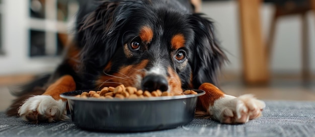 Zwarte en bruine hond eten uit de kom