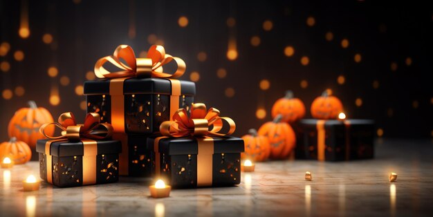 Zwarte en gouden geschenken op de achtergrond van pompoenen Zwarte geschenkdoosjes met gouden lint Halloween pompoenen Oranje boog Zwart geschenk met sterren op de achtergrund van gloeilampen