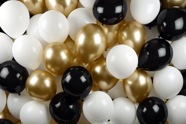 Zwarte en gouden helium ballonnen op witte achtergrond vieren feest