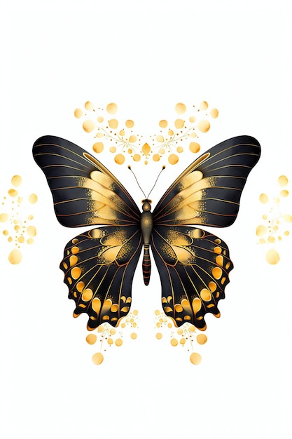 Zwarte en gouden vlinder op witte achtergrond