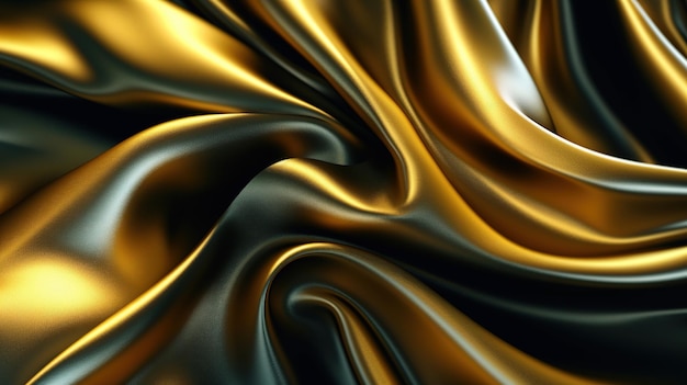 Zwarte en gouden zijdestof in golvende glanzende abstracte achtergrond Generatieve AI