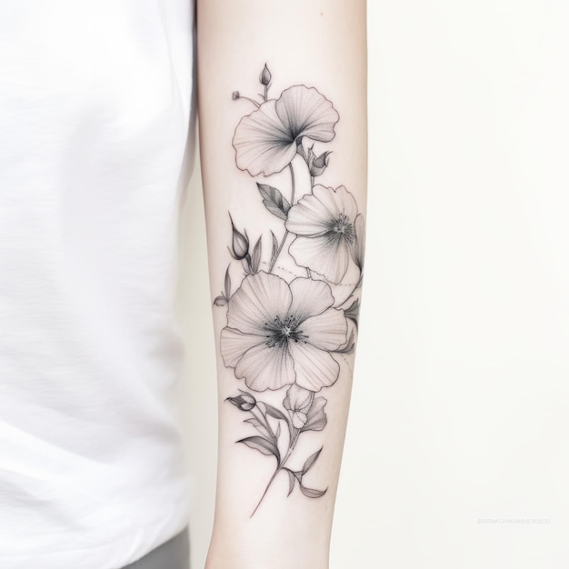 Zwarte en grijze bloementattoo op de bovenarm van de vrouw