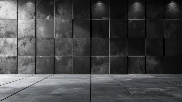 Zwarte en grijze tegels op de muur en vloer met schijnwerpers die van boven schijnen