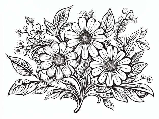 Foto zwarte en witte bladeren bloemen doodle stijl