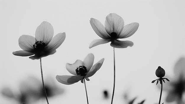 Zwarte en witte bloemen de bloemen zijn in focus met een wazige achtergrond het beeld heeft een zacht droomgevoel