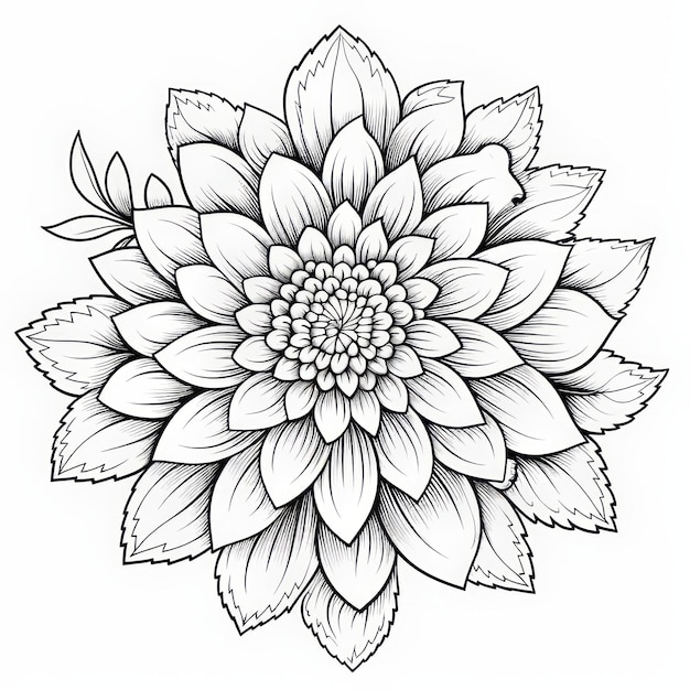 Zwarte en witte dahlia bloem ingewikkelde tekening voor kleurboek