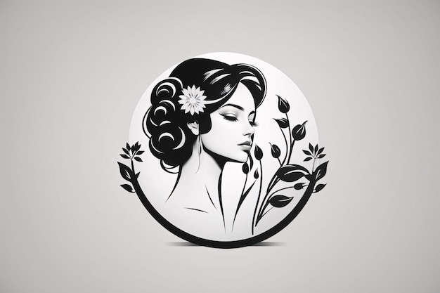 Zwarte en witte dame platte illustratie in cirkel logo portret met bloem botanisch element