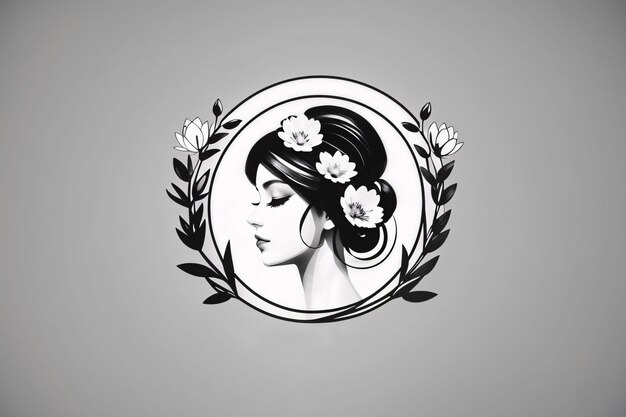 Zwarte en witte dame platte illustratie in cirkel logo portret met bloem botanisch element