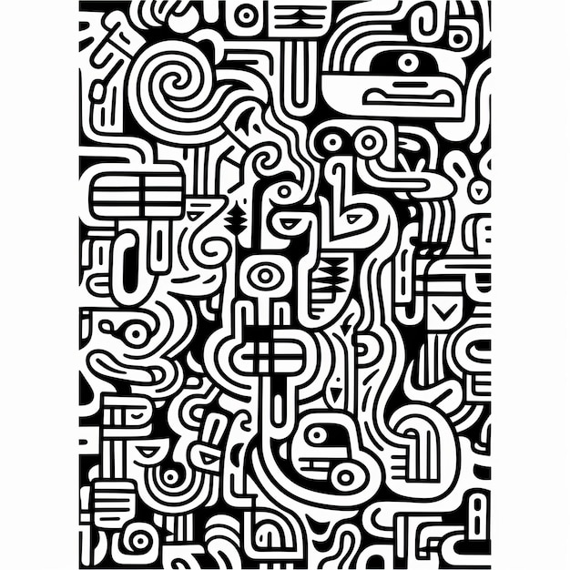 Zwarte en witte Doodle Art Poster met eenvoudige en dikke lijnen