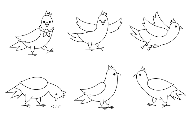 Zwarte en witte duiven set City vogel vector lijn illustratie Leuke karakter contour iconen verzameling geïsoleerd op witte achtergrond Franse symbool afbeelding of kleurpagexA