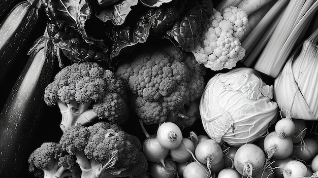 Zwarte en witte groenten achtergrond Hoogwaardige foto van biologische groenten Vers en gezond voedselconcept