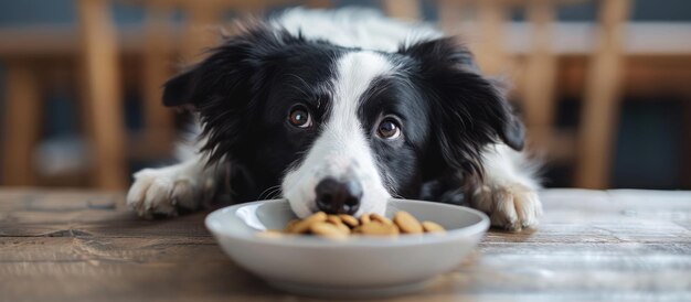 Zwarte en witte hond die uit een schaal eet