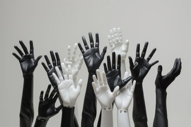 Zwarte en witte mannequin handen opgeheven in solidariteit voor gelijkheid