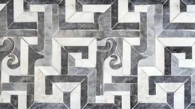 Zwarte en witte marmeren vloertegels met een geometrisch patroon De tegels zijn gerangschikt in een herhalend patroon van vierkanten en rechthoeken
