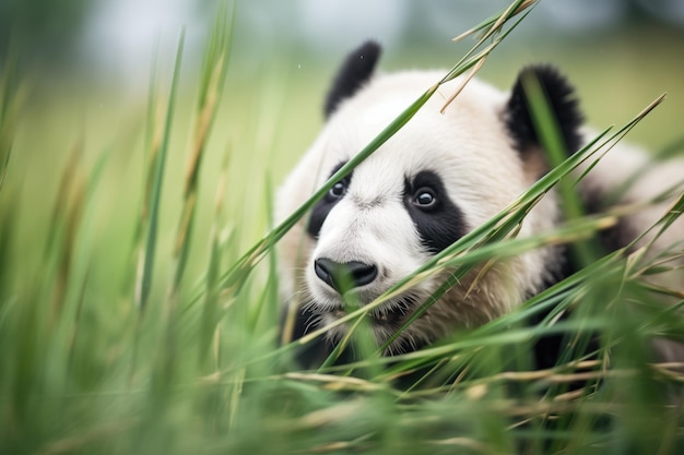 Zwarte en witte panda tegen groene bamboe