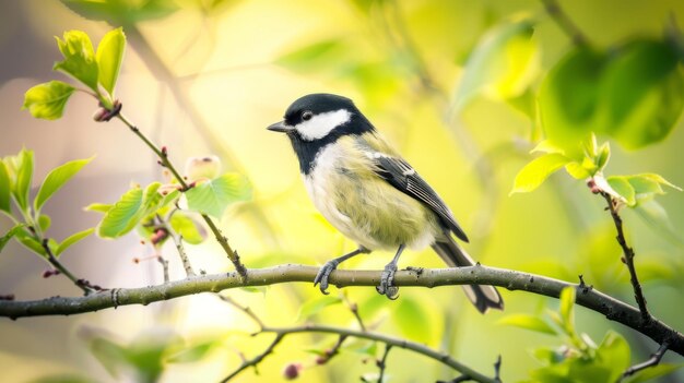 Zwarte en witte vogel op een tak van een boom