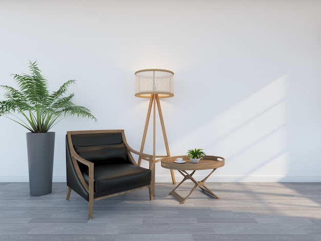 Zwarte fauteuil met vloerlamp. 3D-weergave