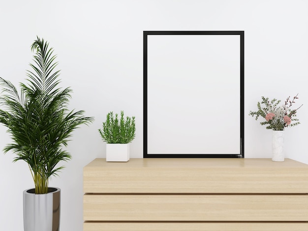 Zwarte fotolijst mockup staan op kast met planten 3D-rendering