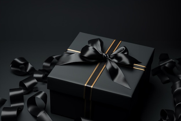 Zwarte geschenkdoos op zwarte achtergrond met lege ruimte voor tekst