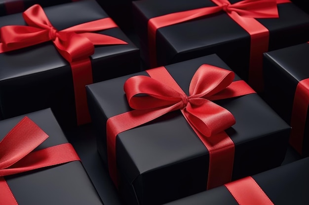 Zwarte geschenkdozen met rood lint Black Friday