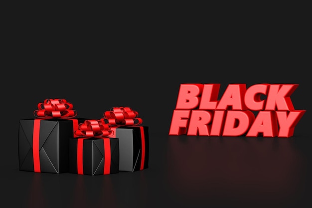 Zwarte geschenkdozen op zwarte achtergrond zwarte vrijdag concept