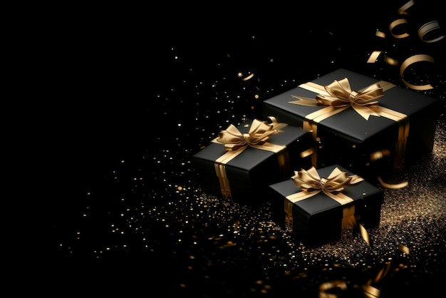 zwarte geschenkkistjes met gouden lint en gouden op geïsoleerde zwarte achtergrond met lege ruimte voor tex