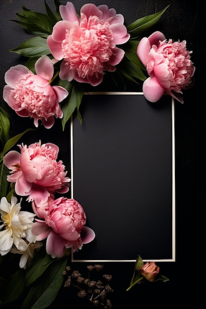 Zwarte groetenkaart met prachtige roze bloemen piones op een zwarte achtergrond Valentijnsdag bruiloft of verjaardag geschenkkaart mockup