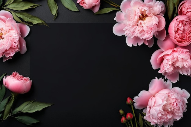 Zwarte groetenkaart met prachtige roze bloemen piones op een zwarte achtergrond Valentijnsdag bruiloft of verjaardag geschenkkaart mockup