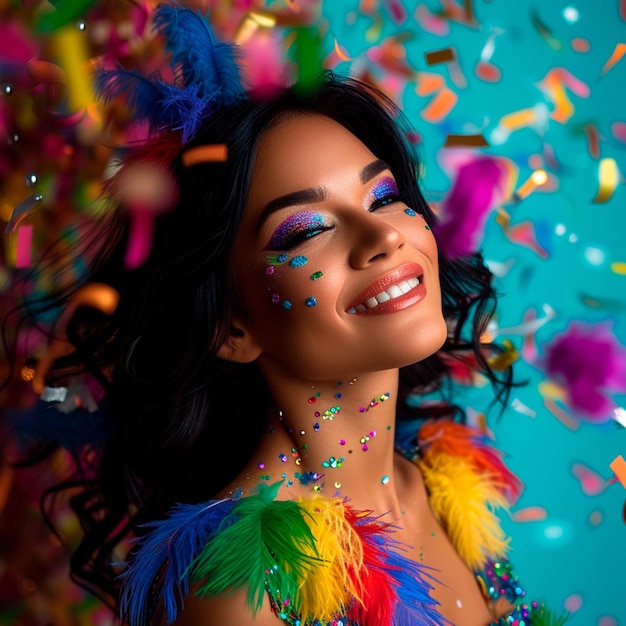 Zwarte haar vrouw met veelkleurige veren voor carnaval