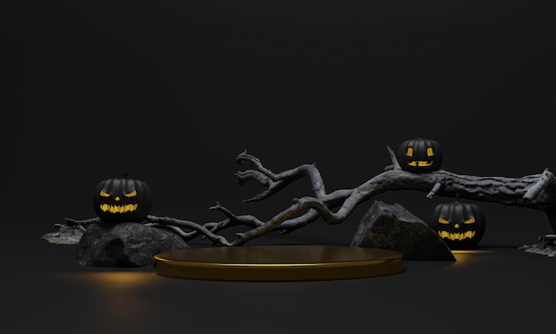 Zwarte halloween-achtergrond met podium en donkere pompoen in de ruimte van het kerkhofexemplaar voor presentatie 3D render 3D-illustratie