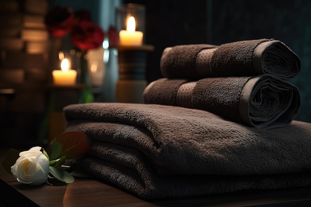 Zwarte handdoeken met potten crème en kaarsen in het interieur van een donkere spa salon