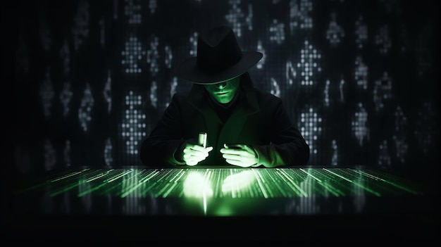 Zwarte hoed hacker met behulp van tablet op tafel gevoelig