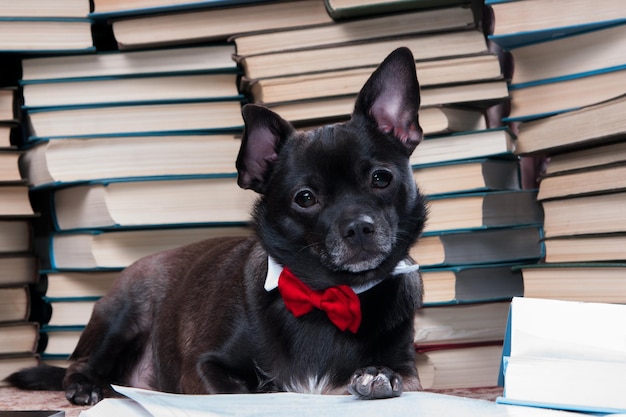 Zwarte hond chihuahua leesboek in vlinderdas in de bibliotheek en kijken naar camera