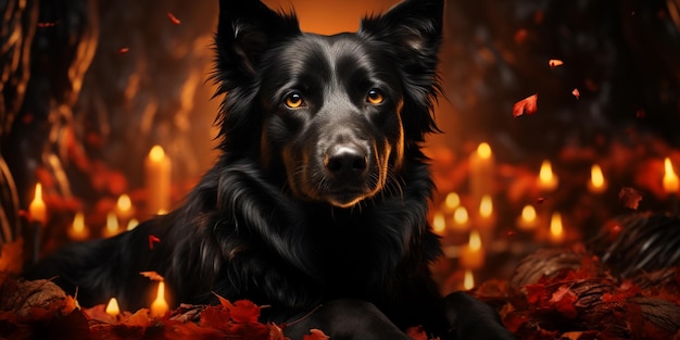 Zwarte hond in een stapel herfstbladeren met gloeiende ogen realistische 4k