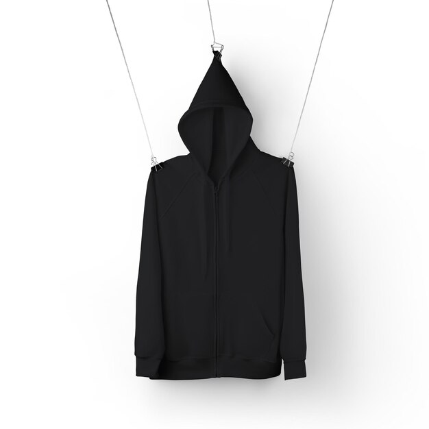 zwarte hoodie met zakrits die op een plastic hanger vooraanzicht hangt dat op achtergrond wordt geïsoleerd