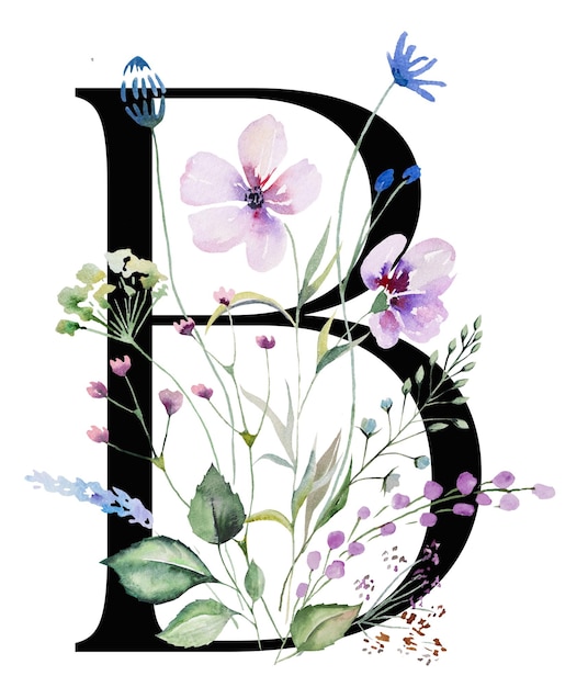 Zwarte hoofdletter B met aquarel wilde bloemen en bladeren boeket geïsoleerd