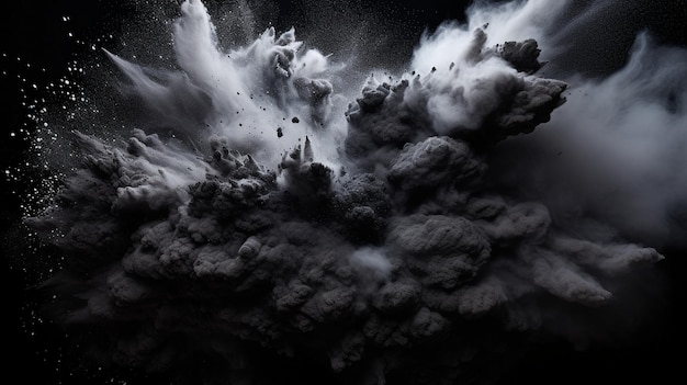 Zwarte houtskoolpoeder stof verf witte explosie barst geïsoleerde splatter abstract gegenereerd door ai