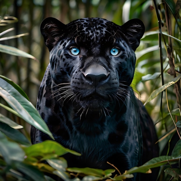 Zwarte jaguar verborgen in de struiken blauwe ogen gegenereerd door AI