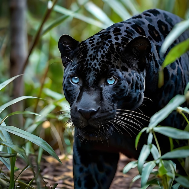 Zwarte jaguar verborgen in de struiken blauwe ogen gegenereerd door AI