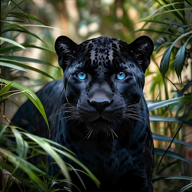 Zwarte jaguar verborgen in de struiken blauwe ogen gegenereerd door AI