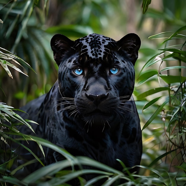 Zwarte jaguar verborgen in de struiken blauwe ogen gegenereerd door AI