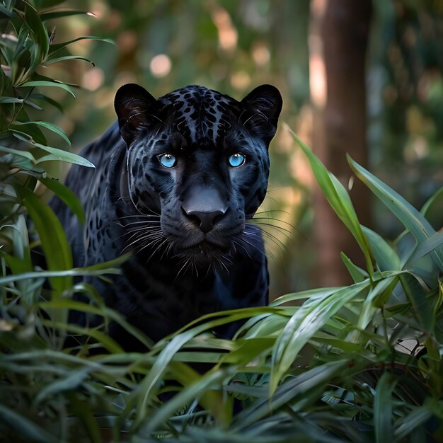 Zwarte jaguar verborgen in de struiken blauwe ogen gegenereerd door AI