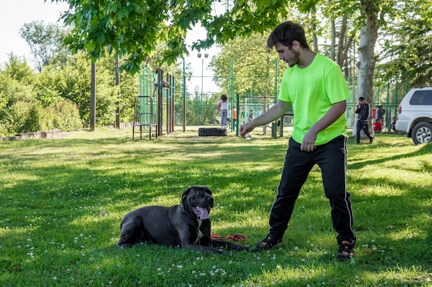 Zwarte Jonge Cane Corso-hond zit op groen gras met zijn eigenaar, buiten