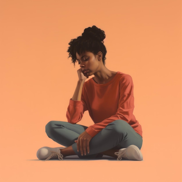 Zwarte jonge vrouw in denken en twijfels illustratie Vrouwelijke hipster karakter met dromerig gezicht op abstracte achtergrond Ai genereerde helder getekende kleurrijke poster