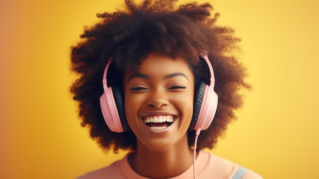 Zwarte jonge vrouw inhoud creator vrolijk dragen koptelefoon op de pastel achtergrond