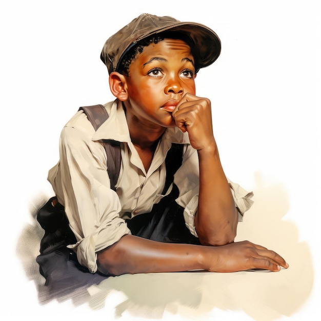 Zwarte jongen in denken en twijfels vormen zacht gekleurde retro illustratie Jonge mannelijke personage met dromerig gezicht op abstracte achtergrond Ai gegenereerde heldere vintage poster